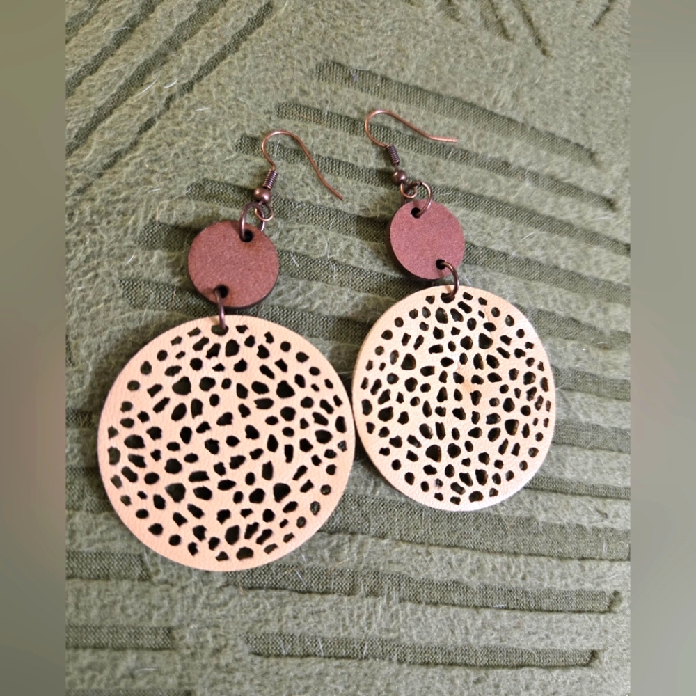 Tan and Brown Pleather And Wood Dangle Earrings
